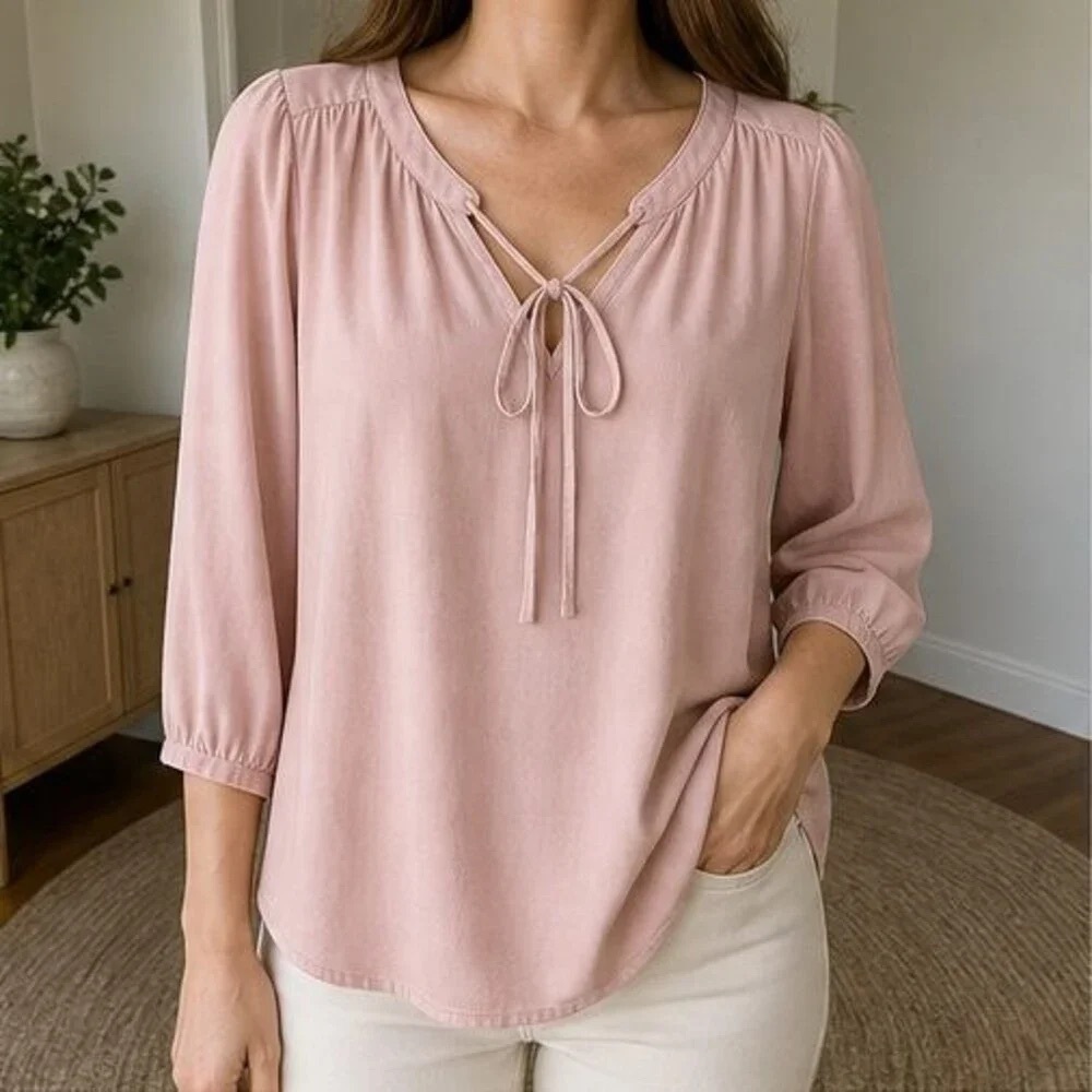 Tie-Front Peasant Blouse in Blush Pink - Picture 2 of 6